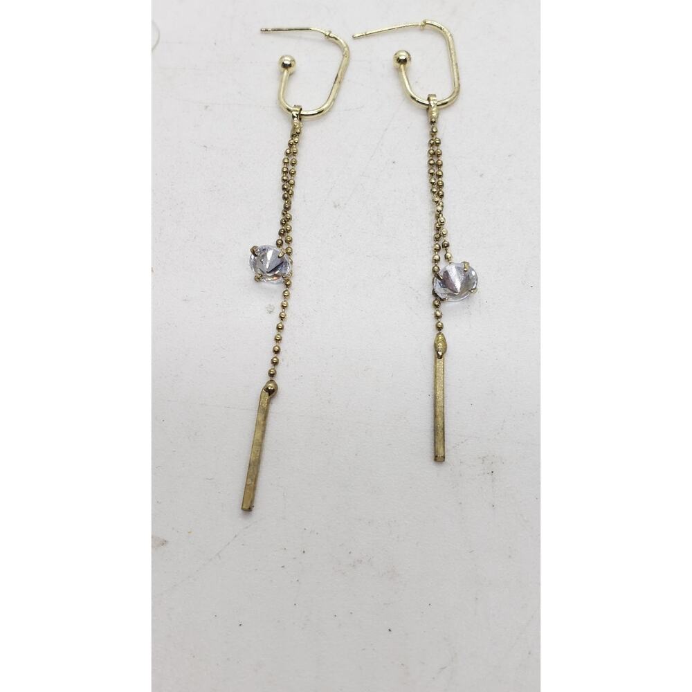 Gold Tone Drop Chain Earrings Crystal Bead Dangle Minimalist Modern Jewelry - Picture 5 of 9
